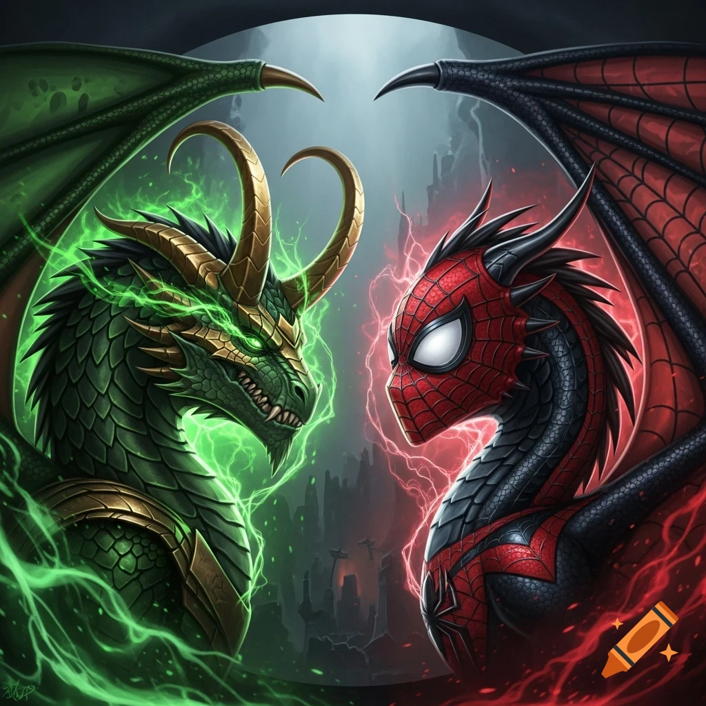 A green Loki-inspired dragon and a red Spider-Man-inspired dragon face each other with glowing energy in a dark fantasy style.