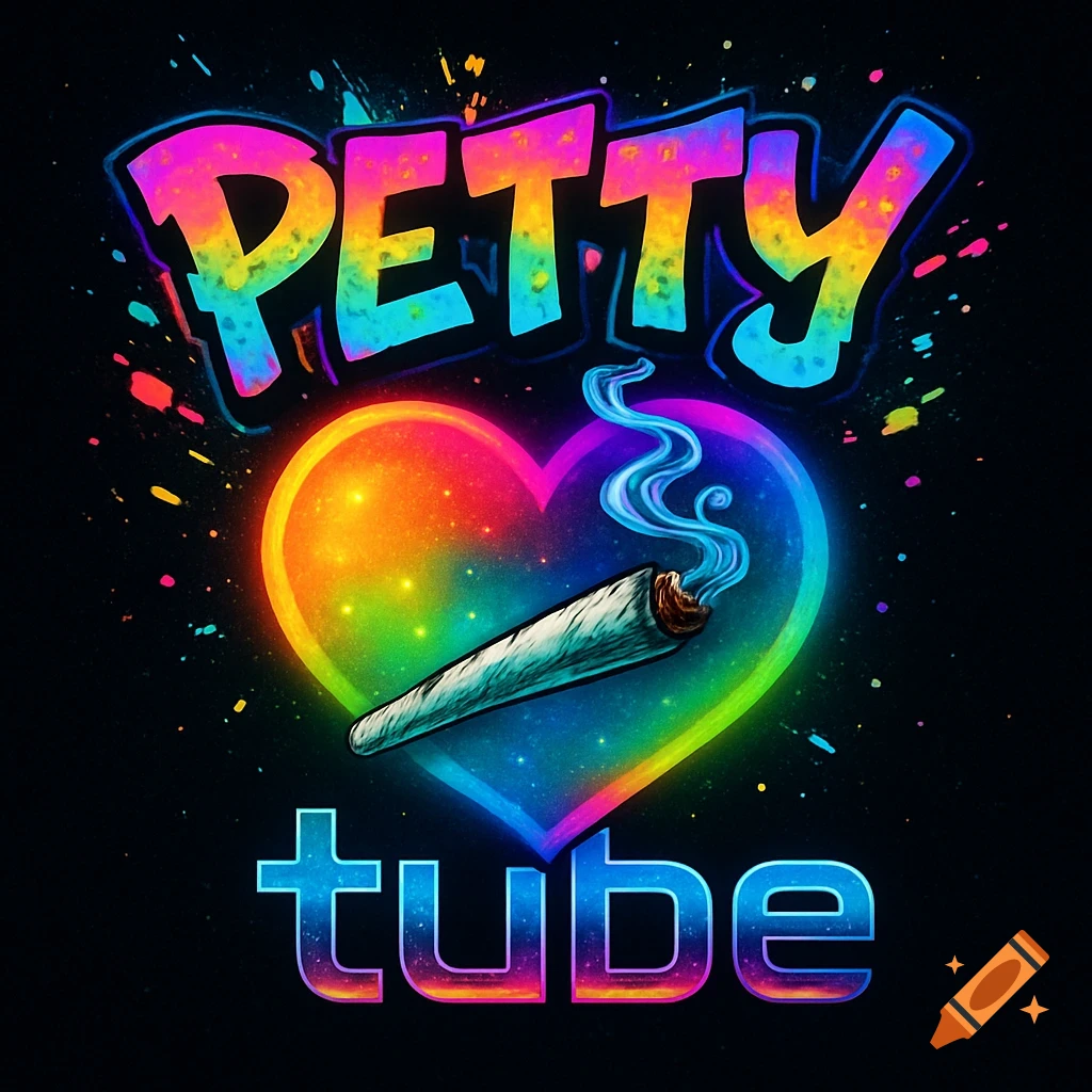 Vibrant neon rainbow heart with a lit weed joint, surrounded by colorful splatters. The word 'PETTY' is above and 'tube' is below, both in colorful neon text.