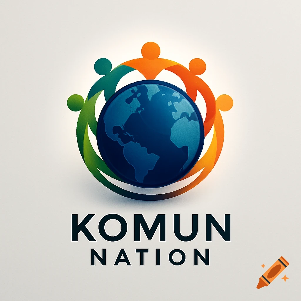 A logo featuring a blue globe surrounded by interconnected green and orange figures, with "KOMUN NATION" text.