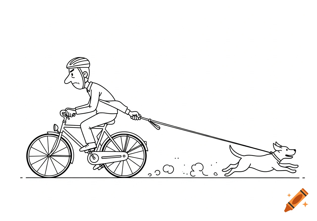 Black and white minimalist cartoon of a stressed man on a bicycle being pulled by his running dog on a leash.