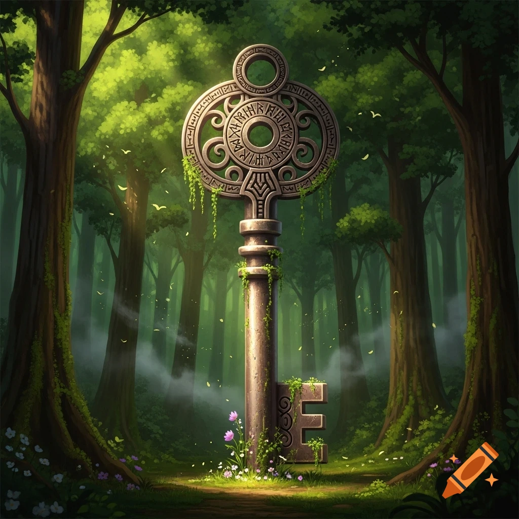 A giant, ornate metal key adorned with ancient symbols stands in a lush, misty forest clearing, lit by sunlight.