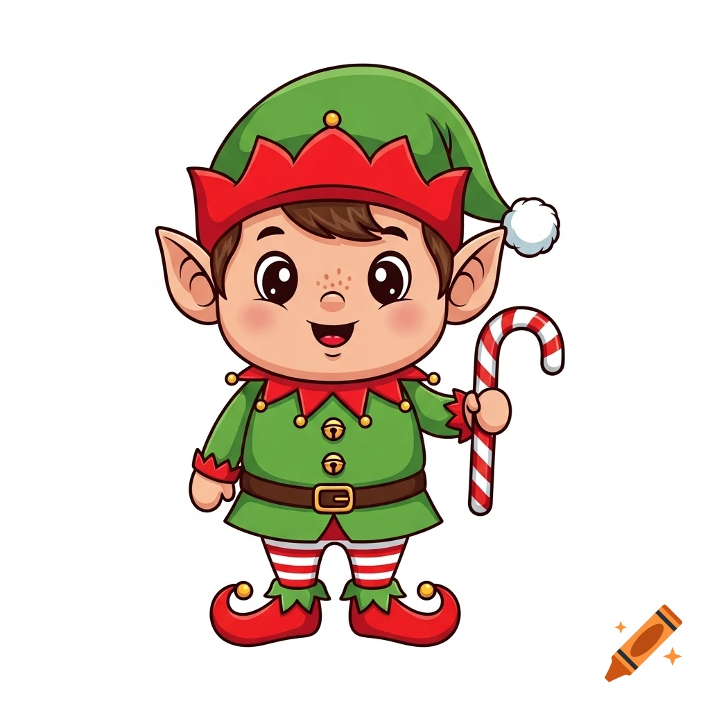 A smiling cartoon Christmas elf with big ears, dressed in a green suit, red hat, and striped socks, holding a candy cane on a white background.