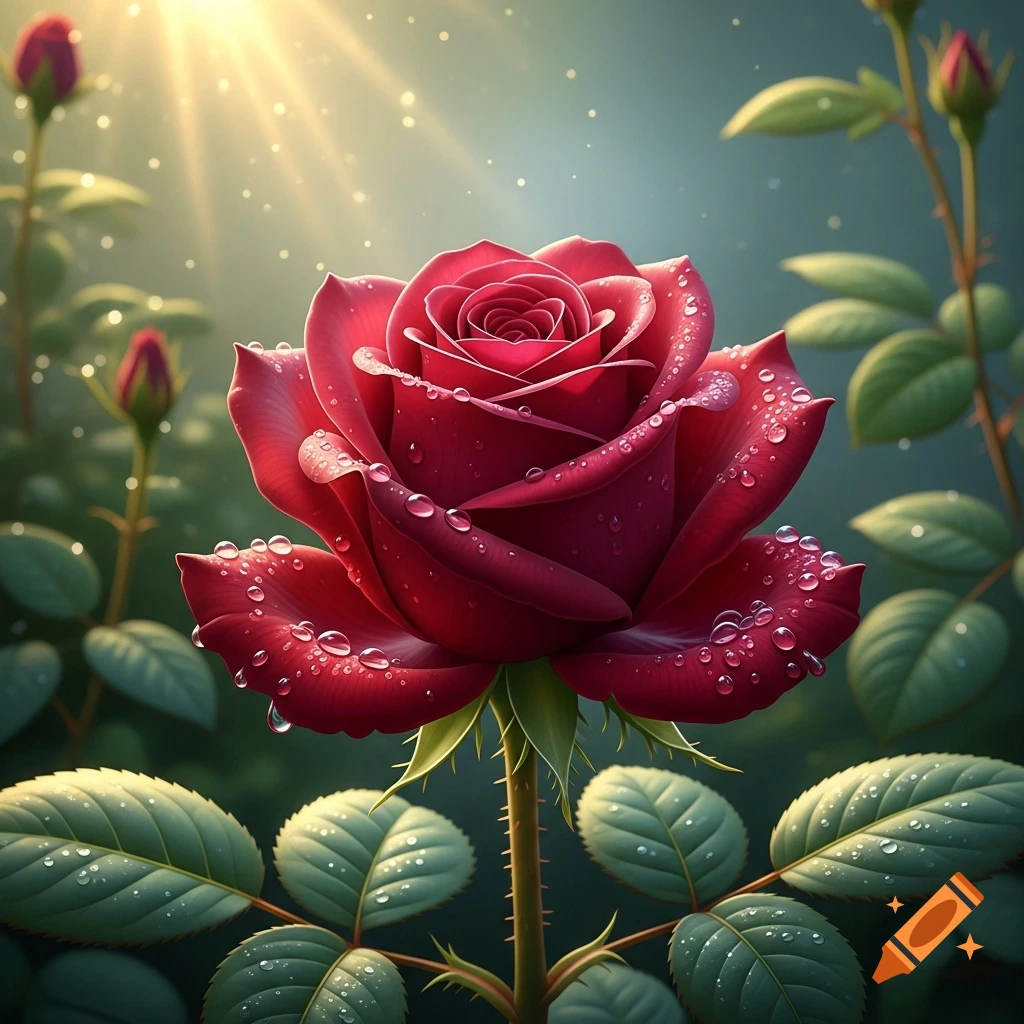 A vibrant red rose with dew drops on its petals and leaves, illuminated by soft sunlight in a lush garden.