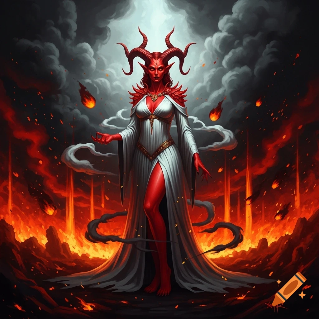 A majestic red-skinned, horned female demon in a white gown stands in a hellish landscape of fire and dark clouds, in a painting style.