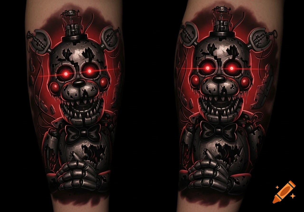 A detailed tattoo of the distressed animatronic Mangle from Five Nights at Freddy's on an arm, featuring glowing red eyes and sharp teeth.