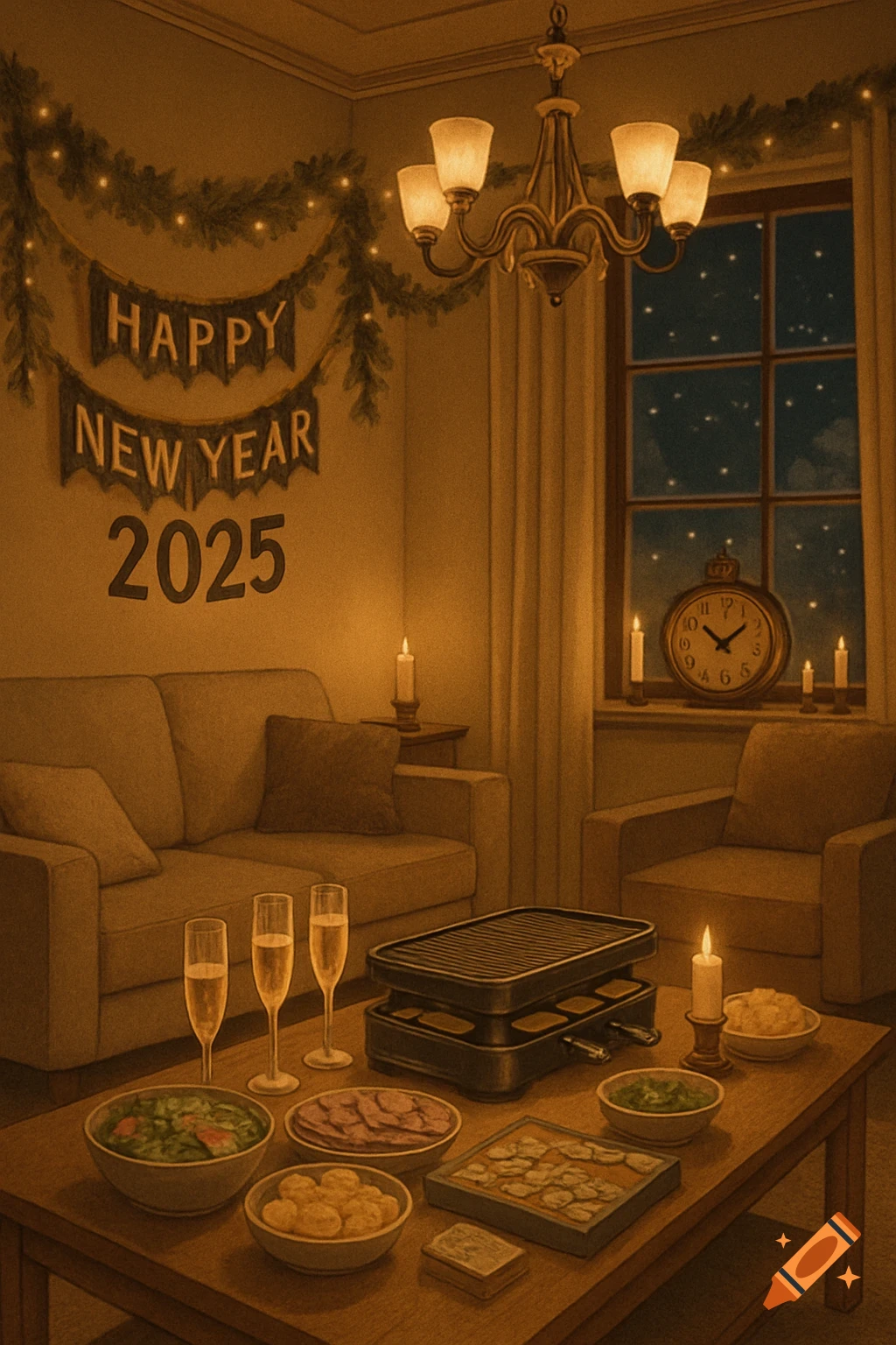 A warmly lit living room decorated for New Year 2025 with a raclette grill, champagne, and food on a coffee table.
