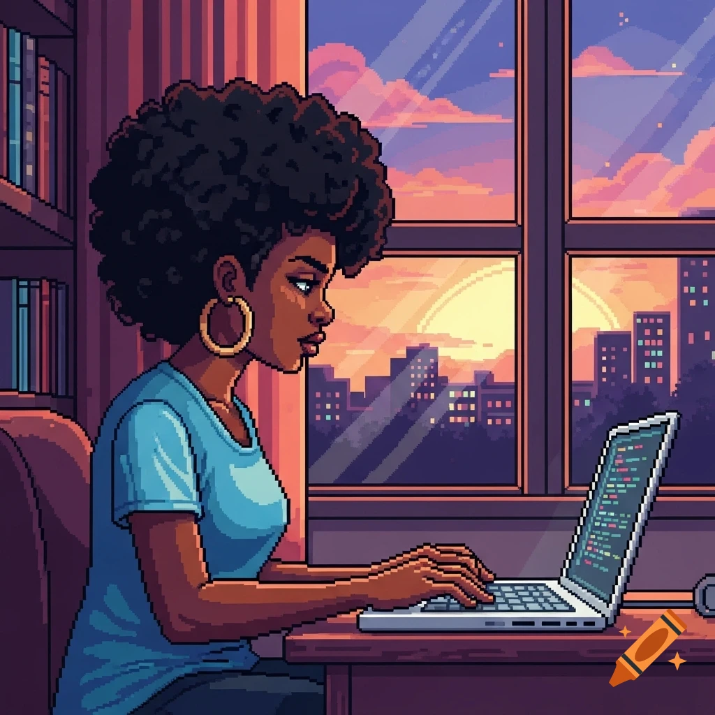 Pixel art of a dark-skinned woman with an afro coding on a laptop by a window overlooking a city sunset.