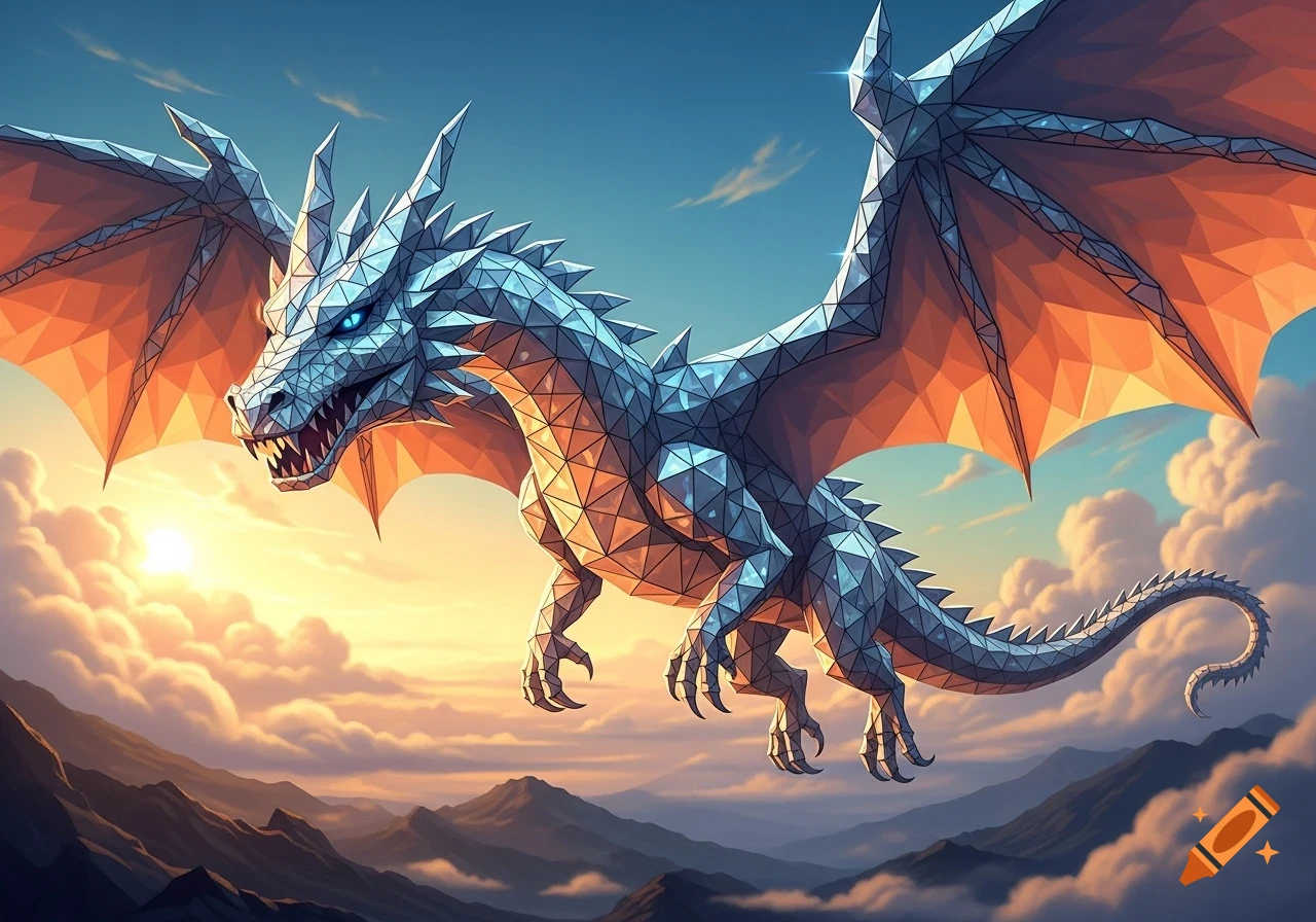 A majestic geometric dragon with glowing blue eyes soars over mountains and clouds during sunset.