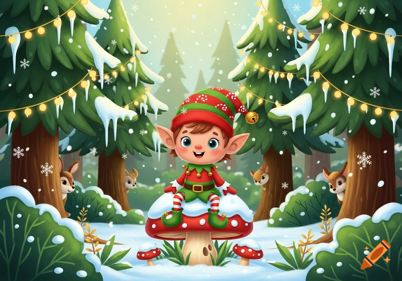 Cute cartoon Christmas elf sitting on a snowy mushroom in a winter forest with decorated Christmas trees and deer.