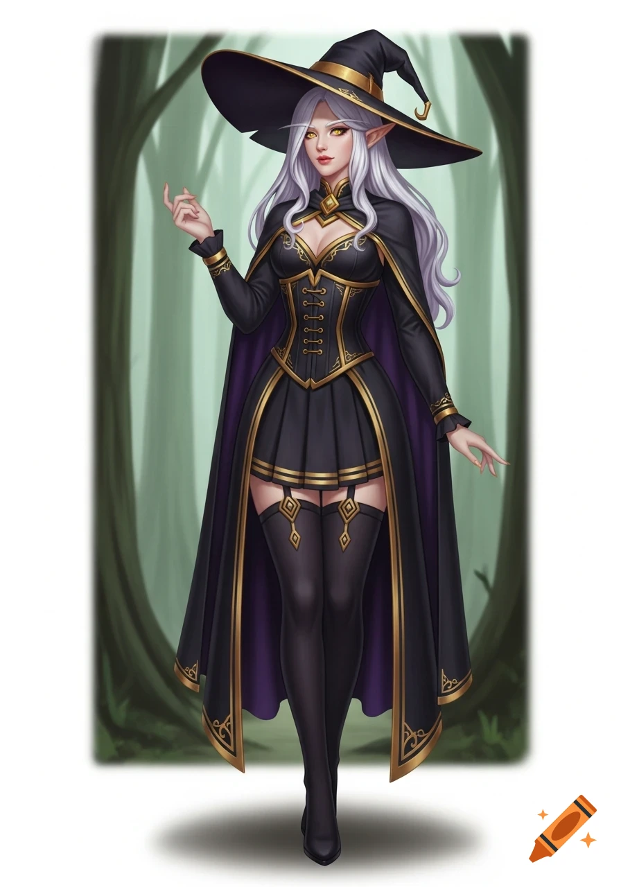 Fantasy art of an elf witch with white hair, golden eyes, in a black and gold dress and hat, standing in a forest.
