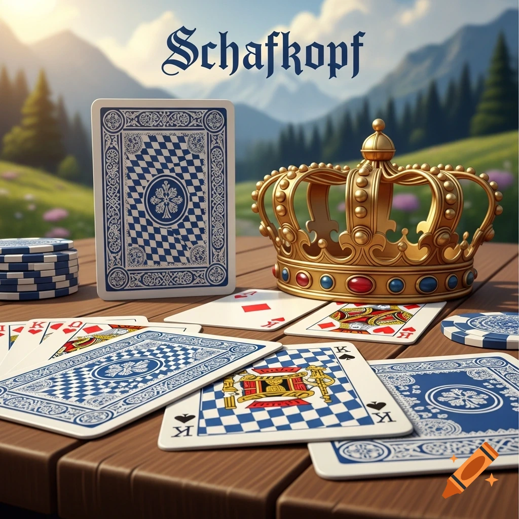Playing cards featuring a checkerboard pattern, poker chips, and a golden crown rest on a wooden table in a scenic mountain landscape under text that reads "Schafkopf".