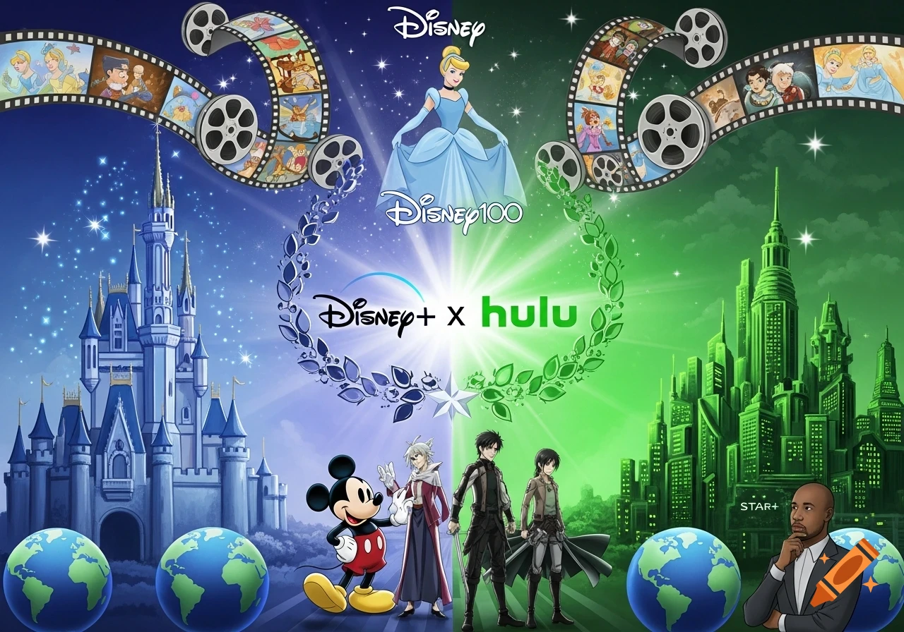 Digital illustration with Disney castle, green city, Cinderella, Mickey, and anime characters, promoting Disney+ x Hulu integration.