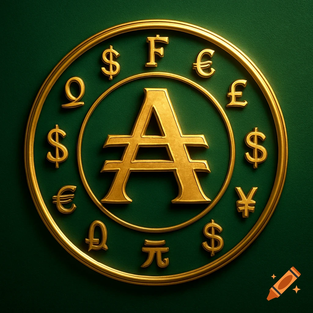 A golden letter A with two horizontal bars, like a euro symbol, centered on a dark green background. It's encircled by a golden ring, with various golden currency symbols like dollar, euro, pound, and yen arranged around the ring.
