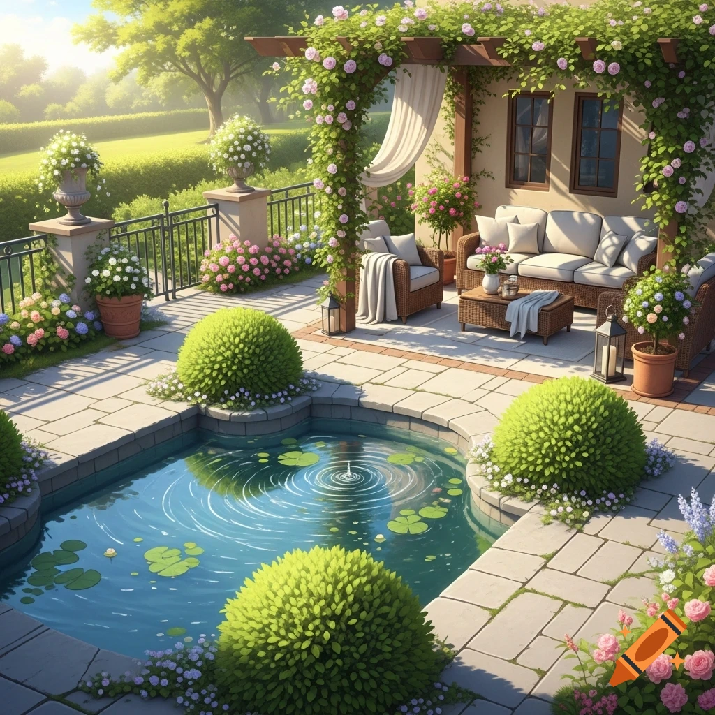 Lush idyllic garden with a pond, manicured bushes, a paved patio, and a rose-draped pergola over an outdoor lounge area.