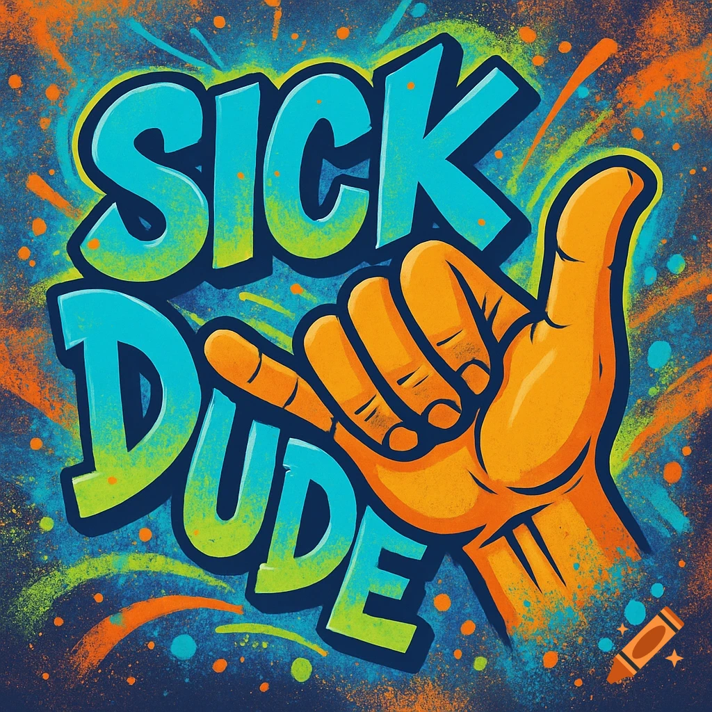 Graffiti style text "SICK DUDE" in blue and green with an orange hand making a shaka sign on a blue background with colorful paint splatters.