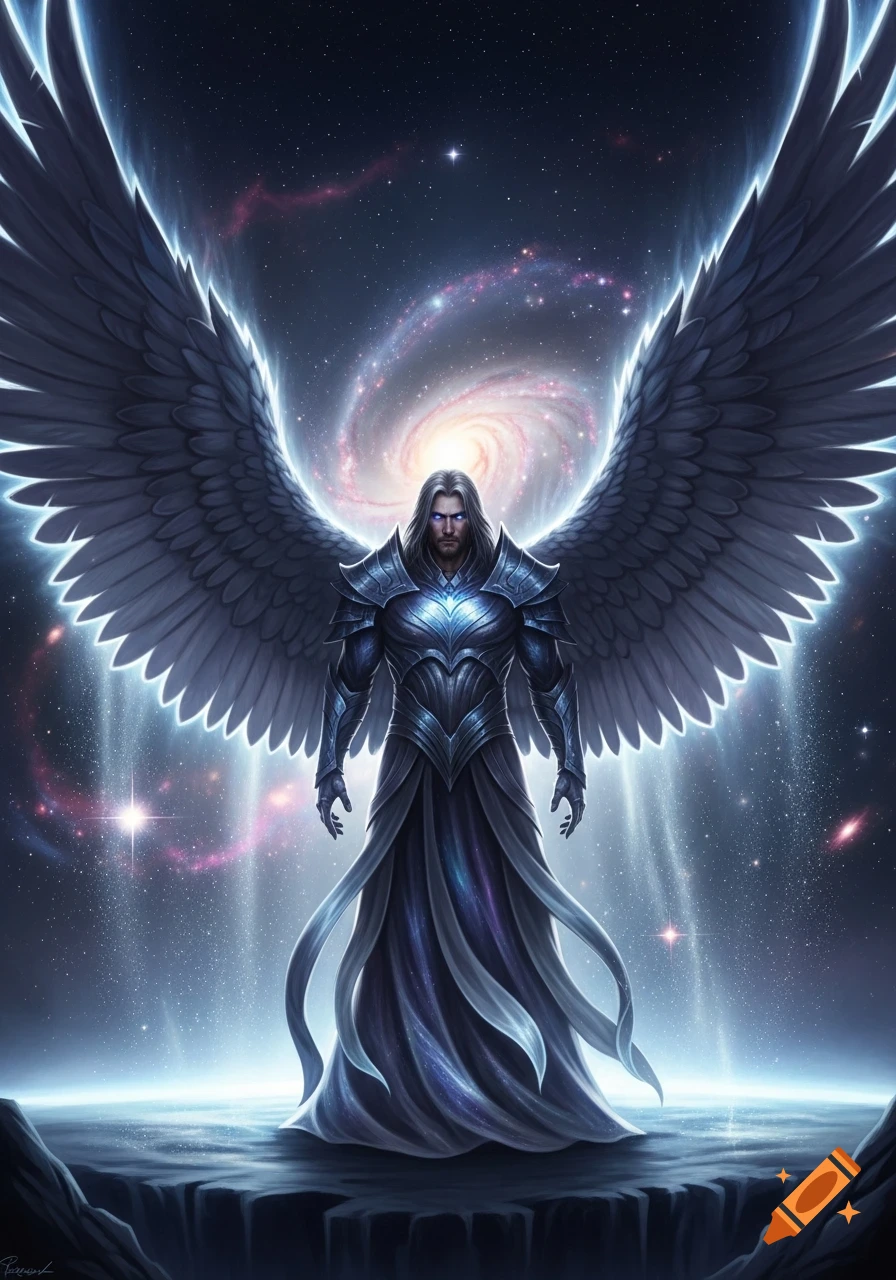 A majestic winged figure in detailed armor and robes with glowing accents stands against a swirling galaxy and starry night sky.