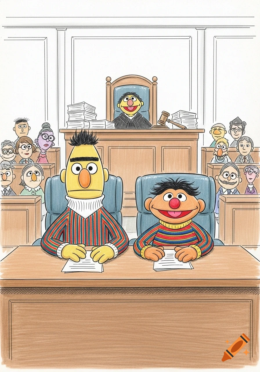 Bert and Ernie sit at a defendant's table in a cartoon courtroom, facing a judge. Spectators are in the background.