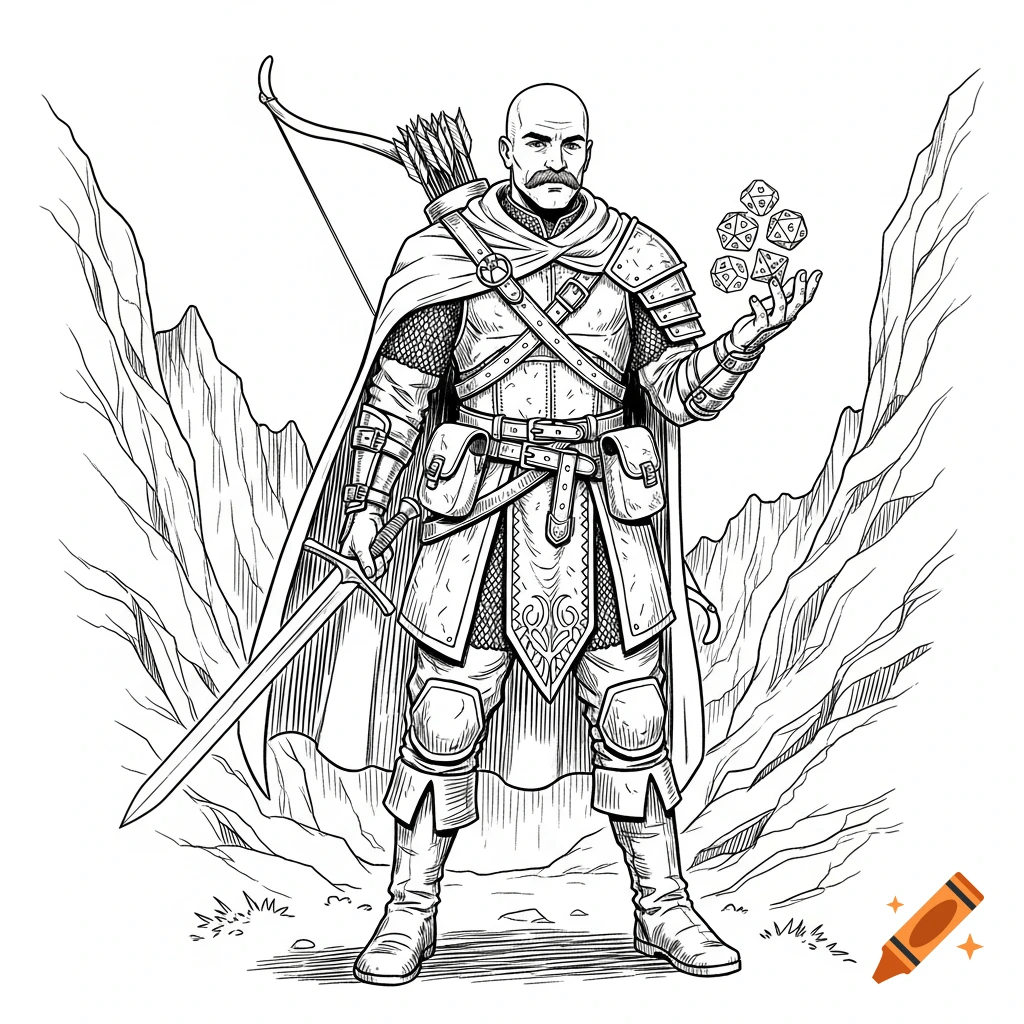 Black and white comic book style illustration of a bald human ranger with a mustache, wearing leather armor and a hooded cloak, holding a sword and a set of dice, with mountains in the background.