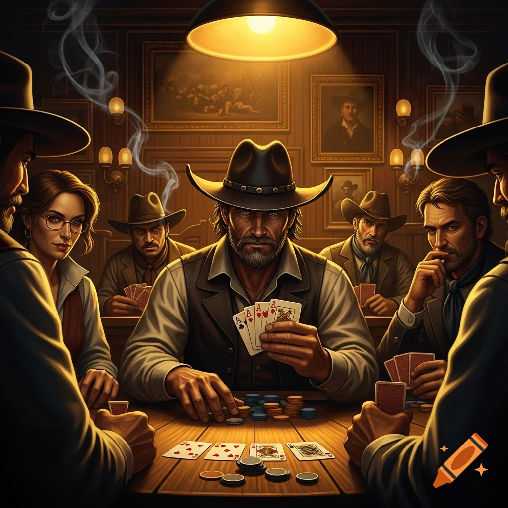 A group of cowboys and one woman playing poker around a wooden table in a dimly lit, smoky saloon, with cards and chips scattered.