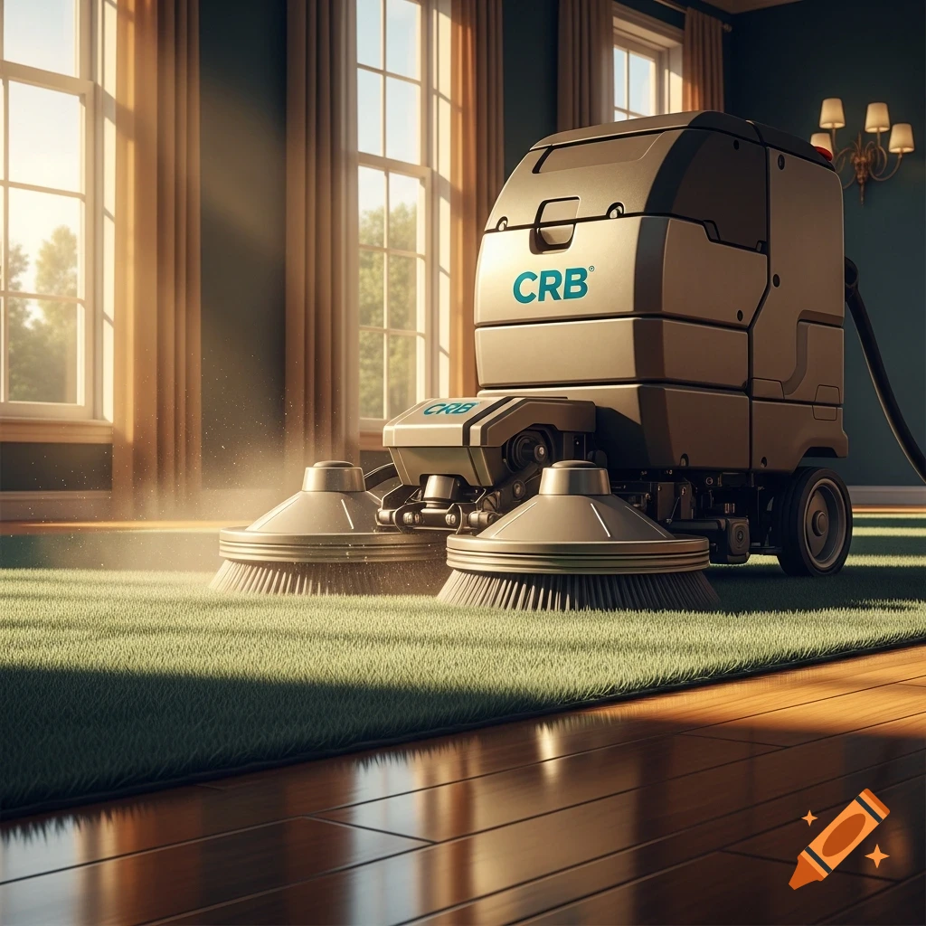 A photorealistic carpet cleaning machine with 'CRB' logo on a green rug in a sunlit room with wooden floors.