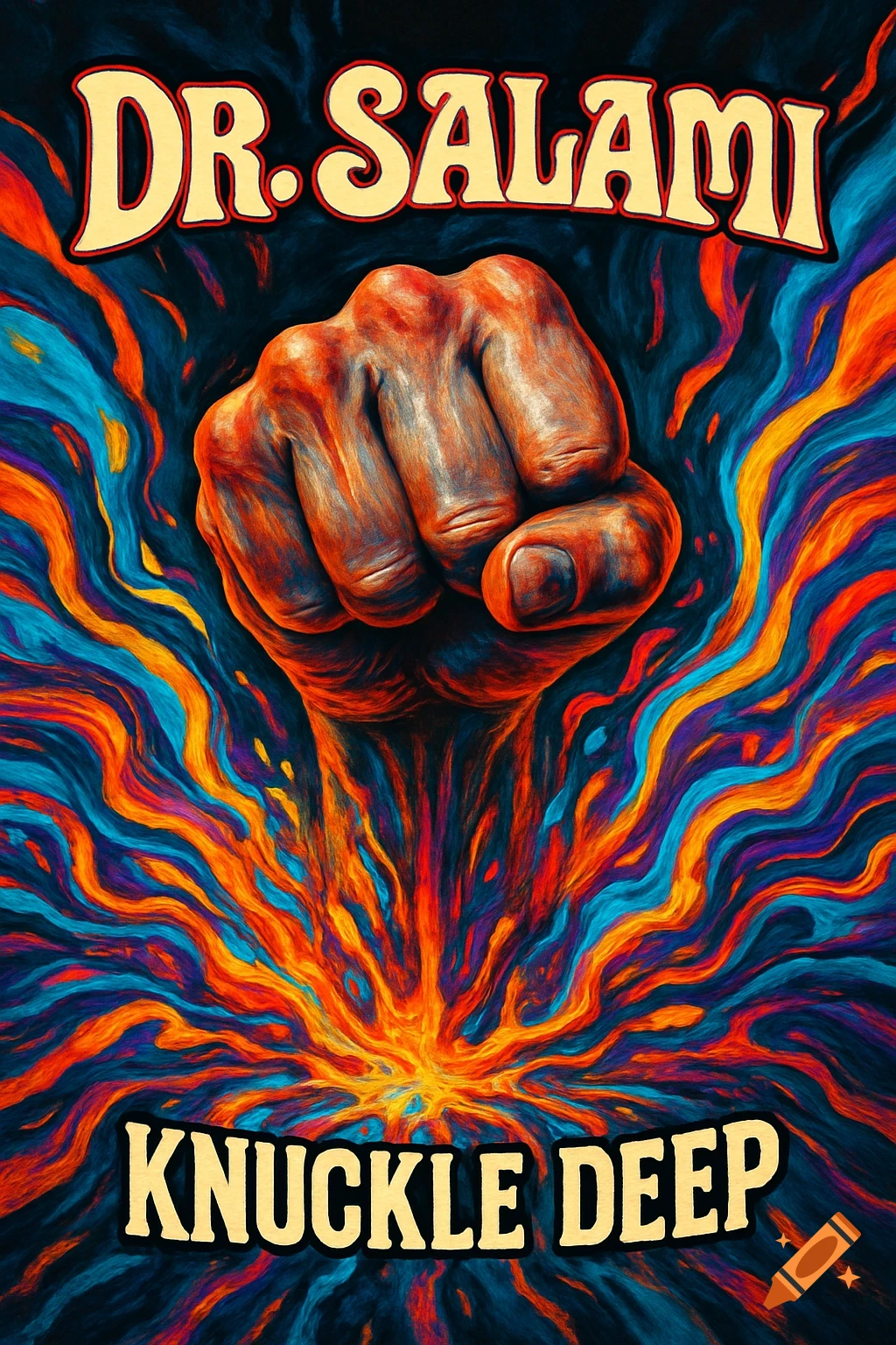 A stylized album cover featuring a clenched fist surrounded by vibrant, swirling abstract patterns in orange, red, blue, and purple. Text reads "DR. SALAMI" and "KNUCKLE DEEP".