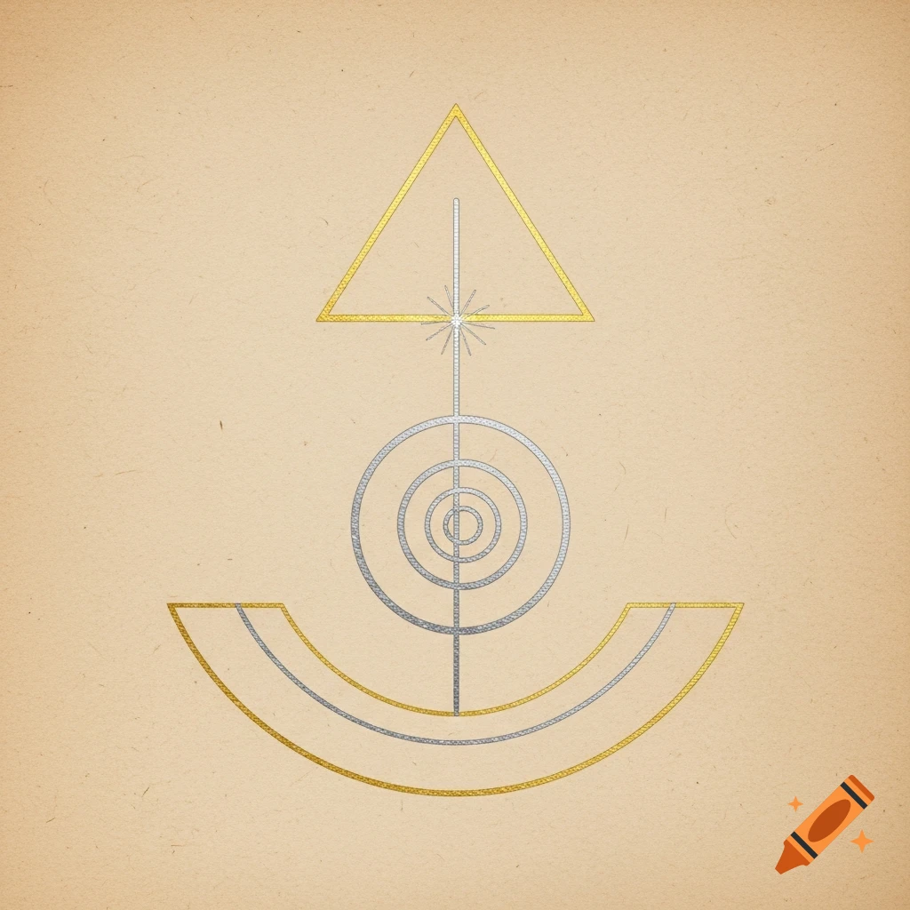 A minimalist sacred geometry sigil with gold and silver lines on aged parchment, featuring a triangle, spiral, and arcs.