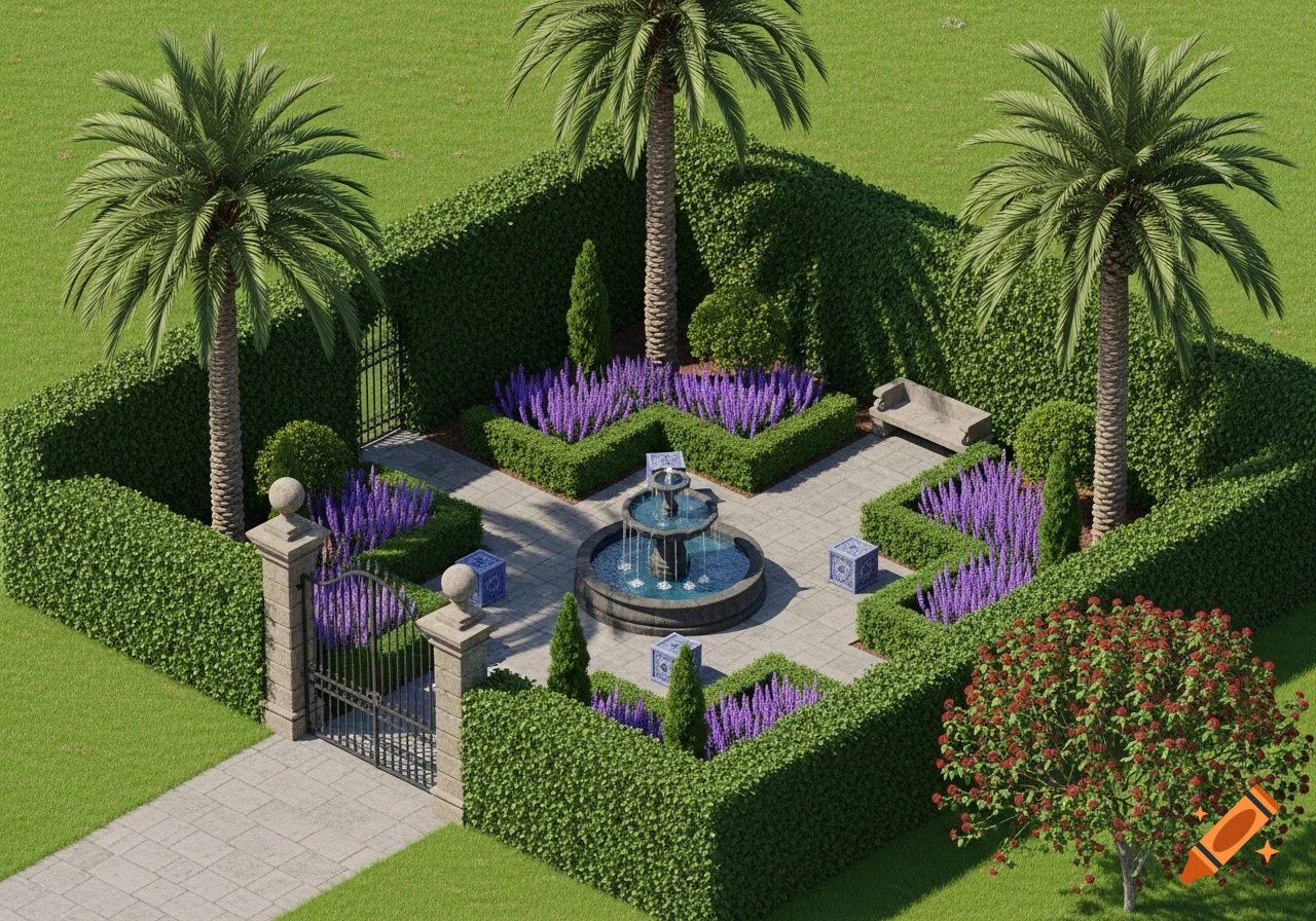 Isometric 3D render of a symmetrical Renaissance garden with a central fountain, purple flowers, palm trees, stone gate, and hedge walls.