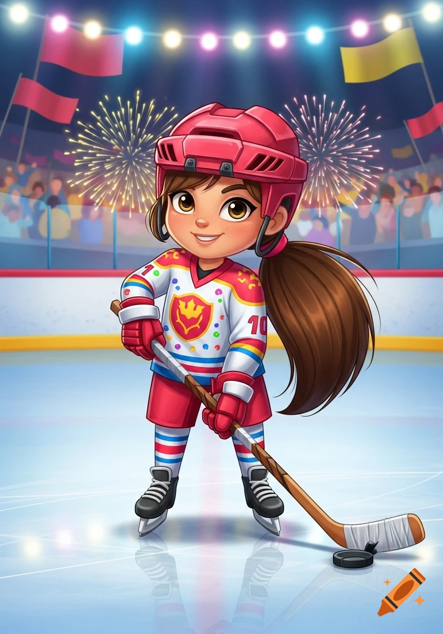 A smiling cartoon girl in a red hockey uniform and helmet stands on ice with a stick, a puck, and fireworks in the background.