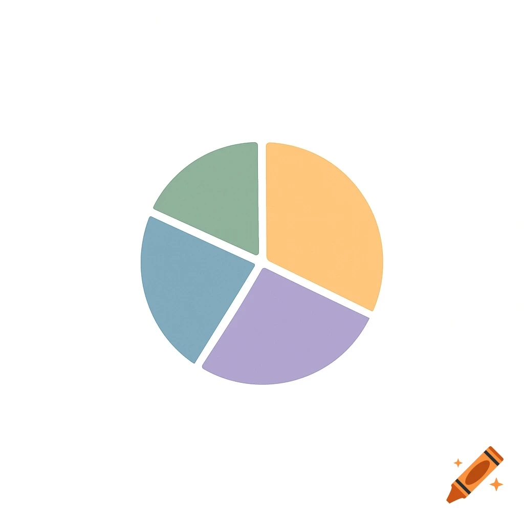 Minimalist pie chart with four sections in muted blue, sage green, soft orange, and lavender on a white background.