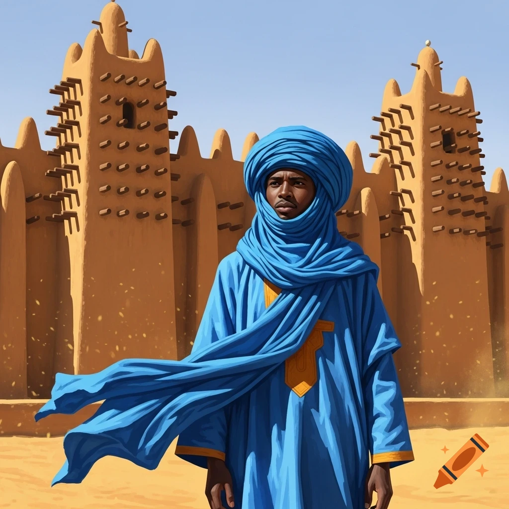 A Tuareg man in a blue turban and flowing robe stands in a desert before towering sandy-colored mud buildings. Digital painting.