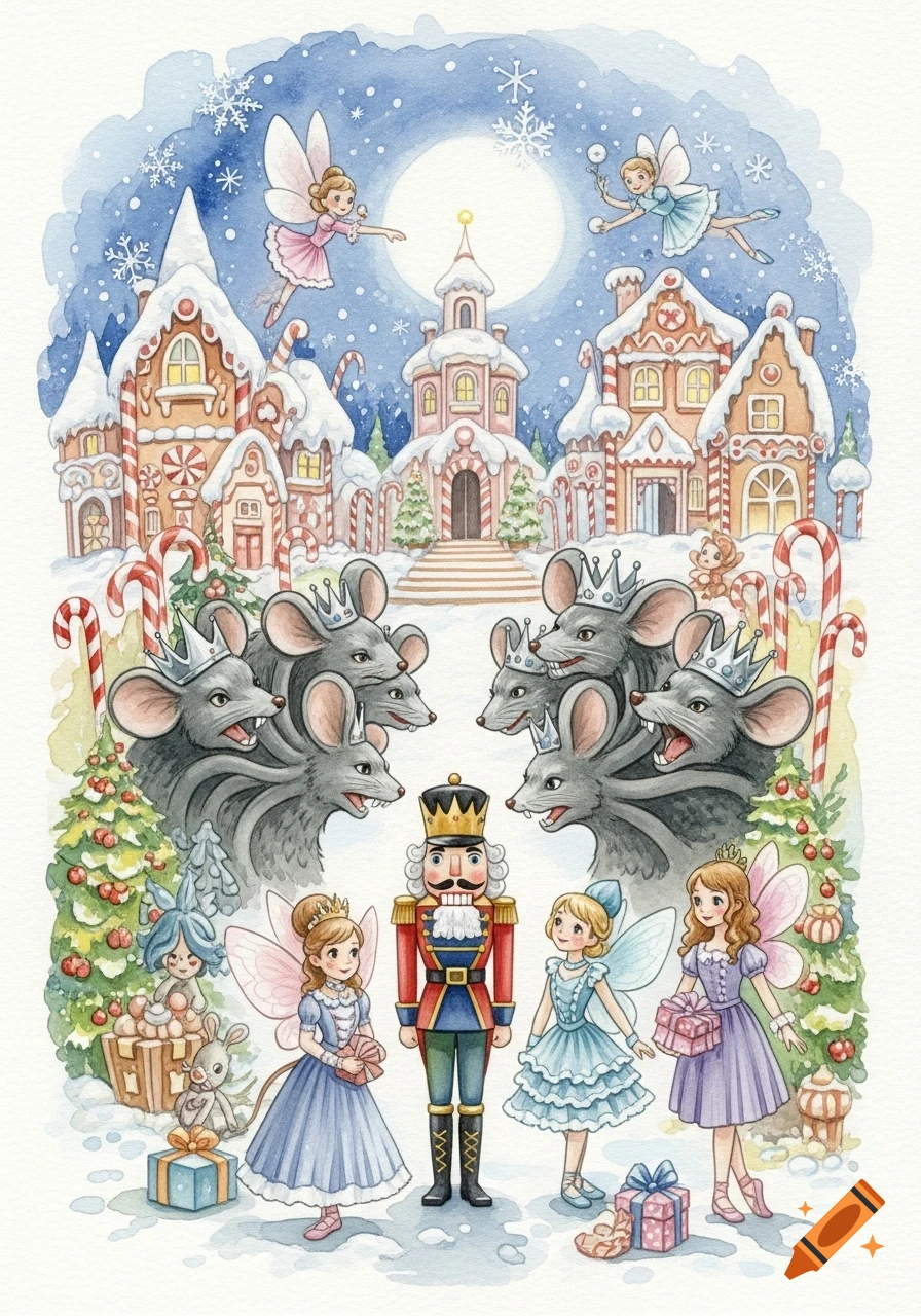 Watercolor illustration of the Nutcracker ballet with a nutcracker figure, fairies, and mouse kings in a snowy gingerbread village.