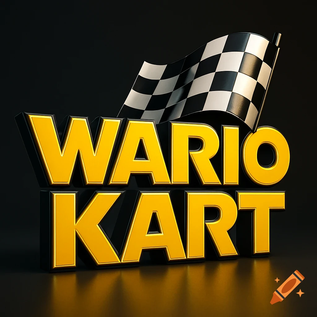 A 3D golden text logo spelling "WARIO KART" with a checkered racing flag waving above, set against a dark background.