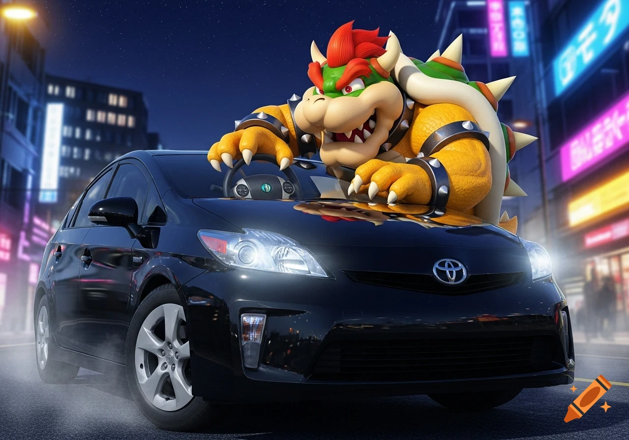 Bowser bursts through the hood of a black Toyota Prius, driving through a city at night with neon lights reflecting.
