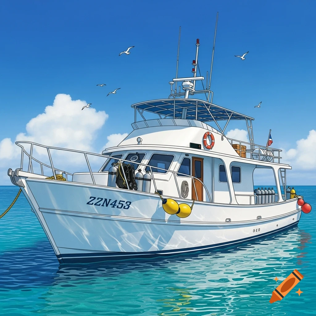 A white dive boat with "ZZN453" on its bow, equipped with oxygen tanks, floats on clear blue-green water under a sunny sky with clouds and seagulls. Stylized drawing.