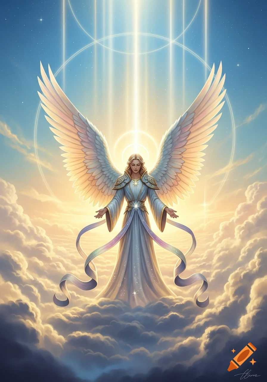A radiant female angel with large white wings stands on clouds, bathed in golden light rays from a bright sky.