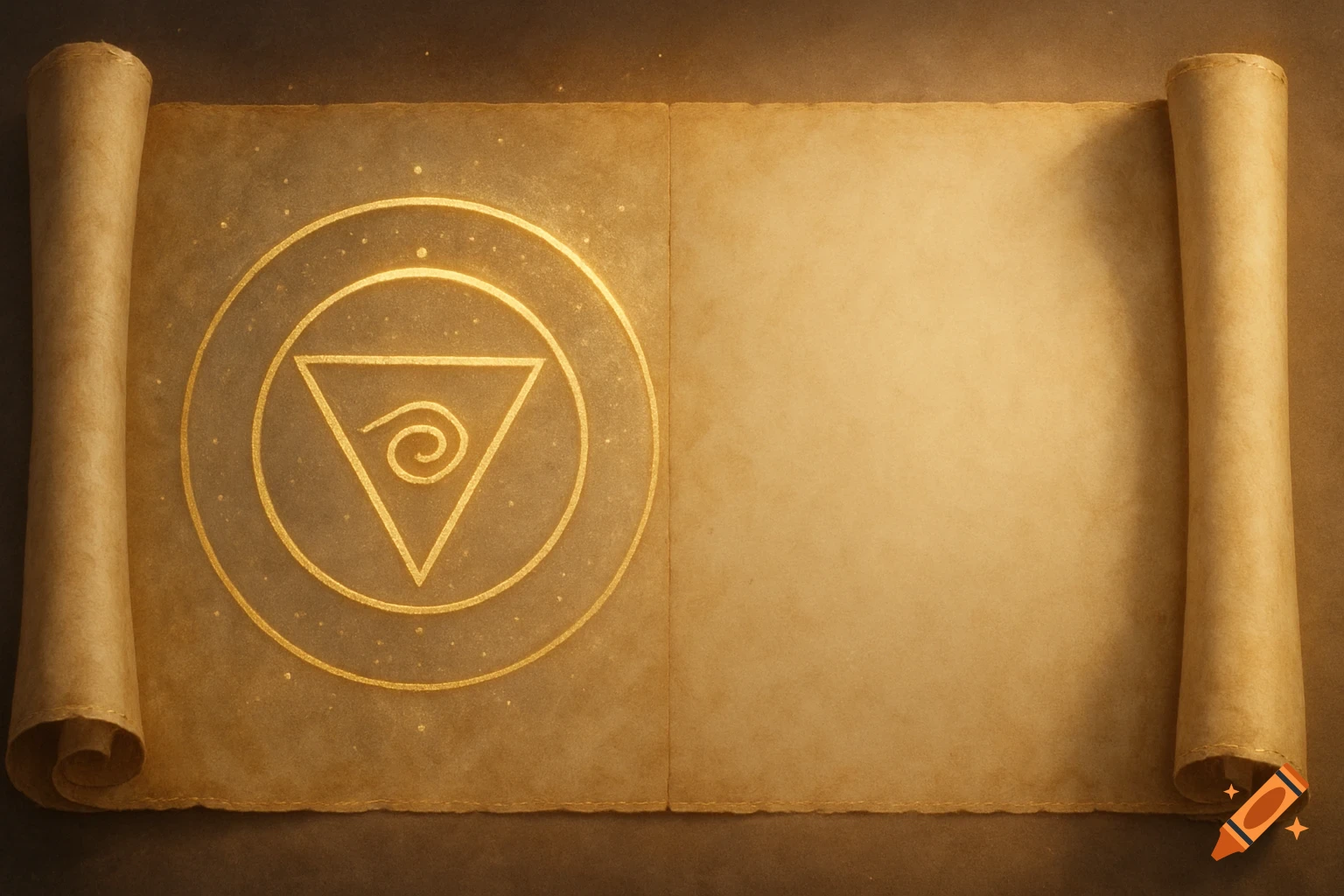 An ancient parchment scroll with a glowing golden mystical glyph on the left and a blank right side.