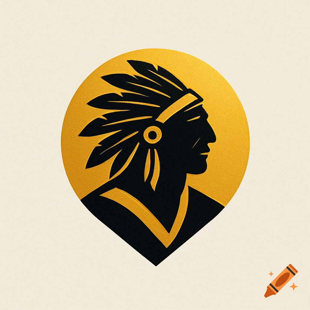 A black silhouette of a Native American chief with a feathered headdress against a textured golden circle logo.