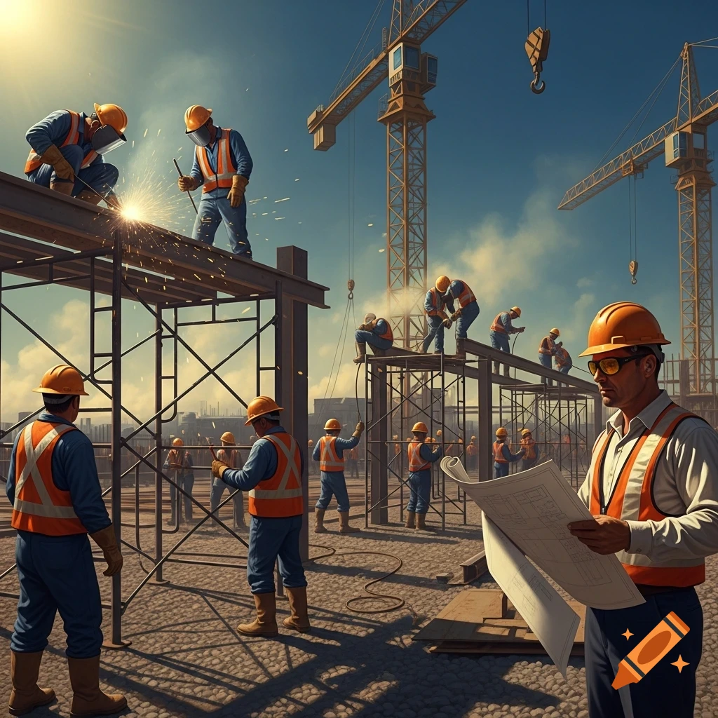 Busy construction site with workers, scaffolding, and cranes under a bright sky, featuring a foreman reviewing plans.