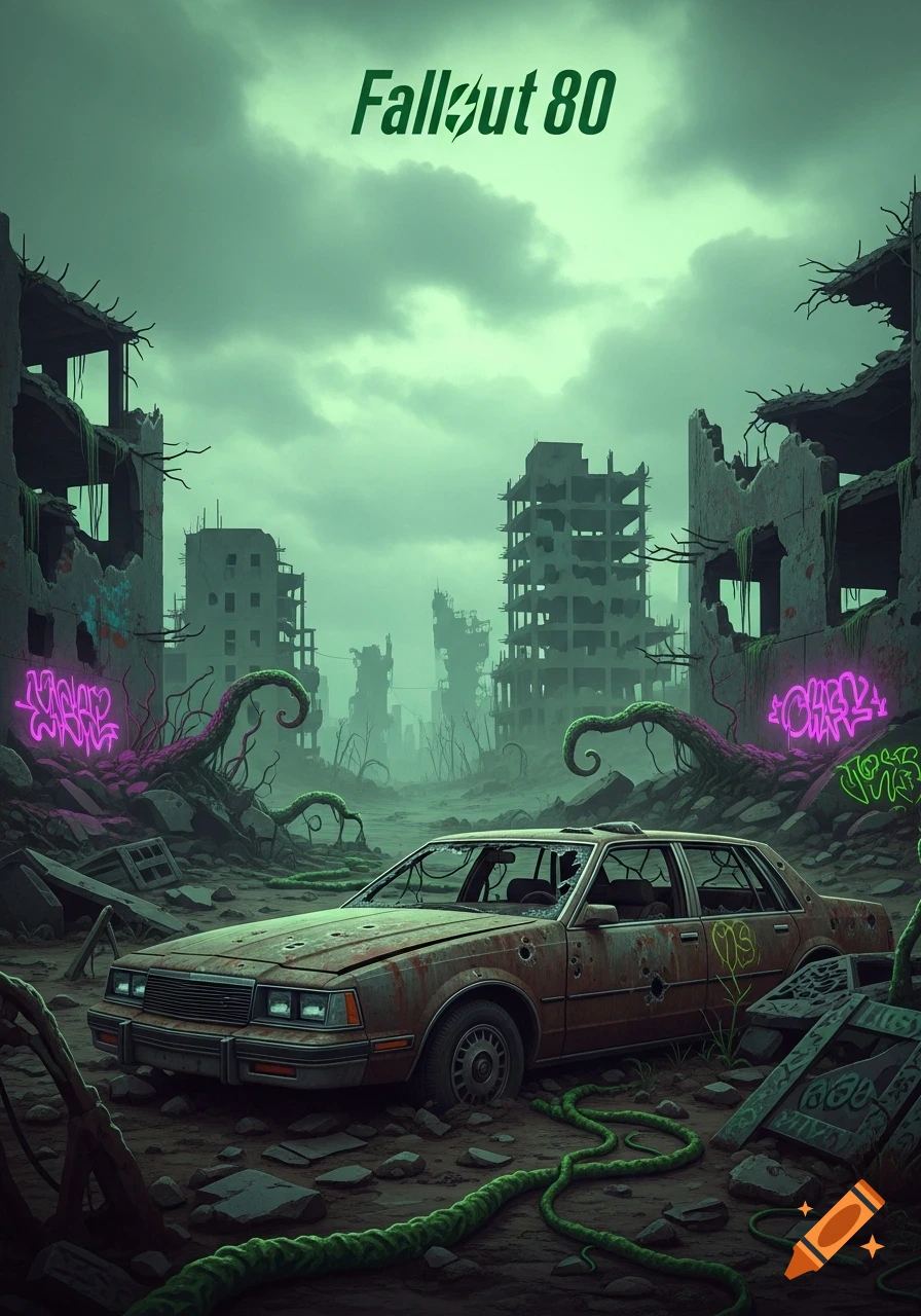 A desolate, post-apocalyptic cityscape in green hues, featuring a rusty car amidst rubble, ruined buildings, and strange tentacle-like growths on the ground. The title 'Fallout 80' is at the top, and neon graffiti adorns the broken walls.