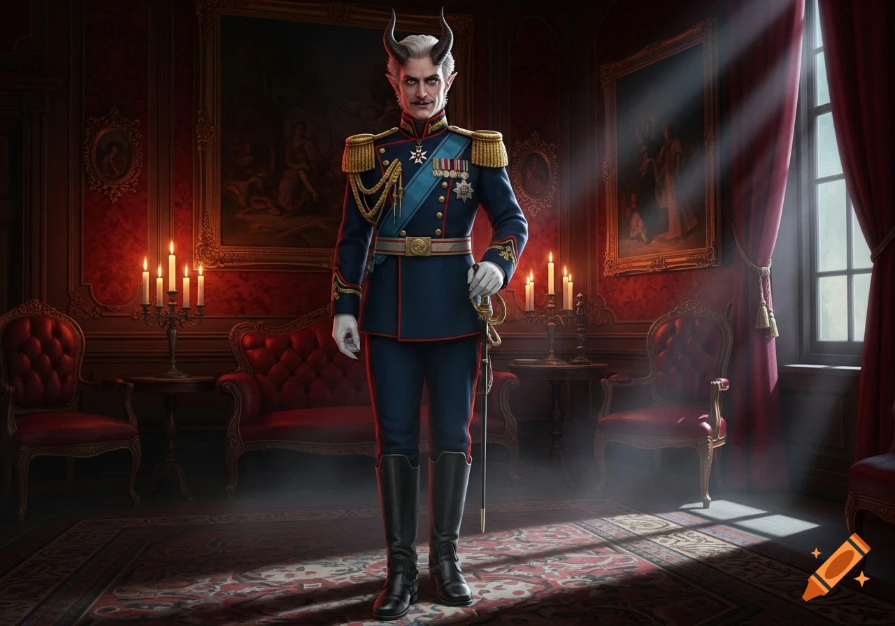 A demon character with horns and pointed ears, wearing a blue and gold military uniform, stands in a luxurious red room.