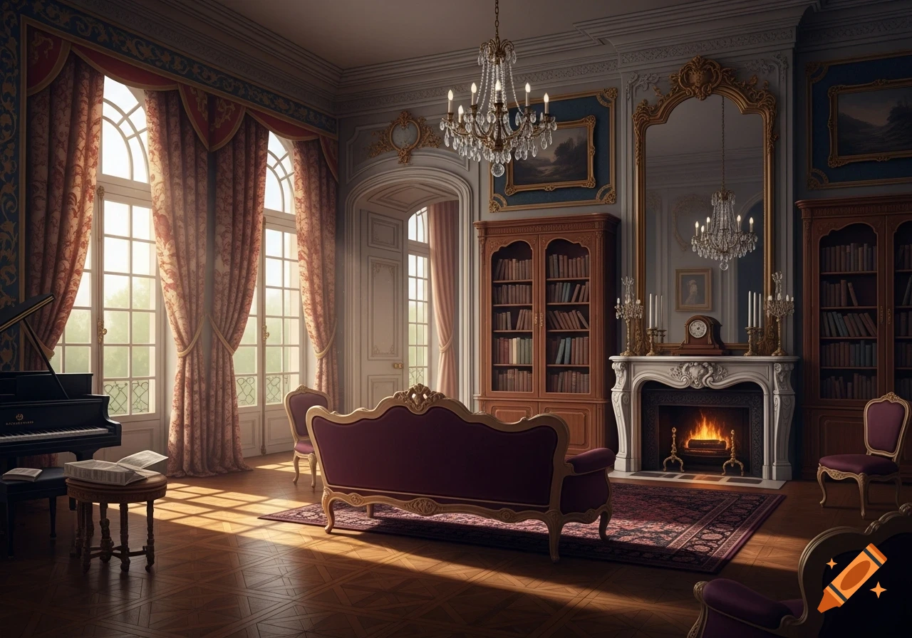 An ornate, luxurious living room with a grand piano, velvet sofa, fireplace, bookshelves, and crystal chandeliers, bathed in sunlight.