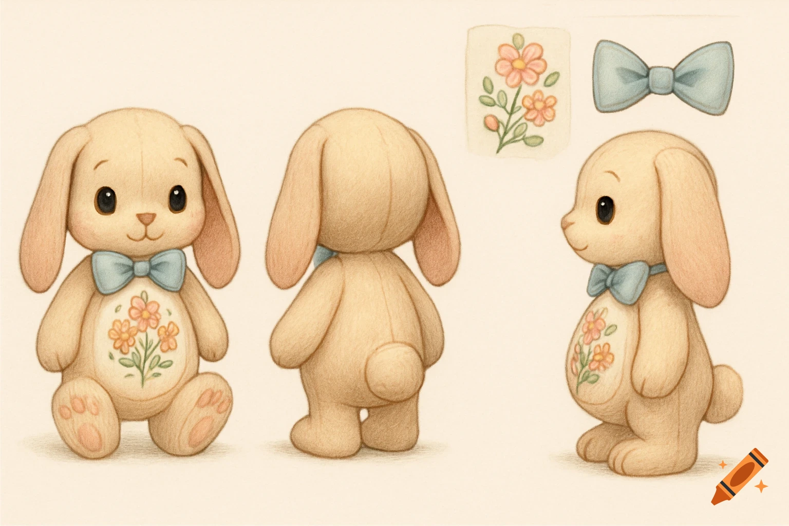 A model sheet showing front, back, and side views of a cute light brown bunny plushie with a blue bow tie and floral belly design, plus separate floral and bow elements, in an illustration style.