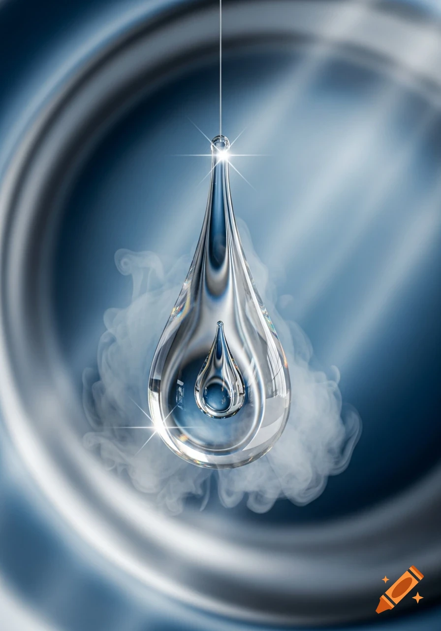 A photorealistic glass teardrop with a smaller one inside, suspended amidst swirling mist on an abstract blue background.
