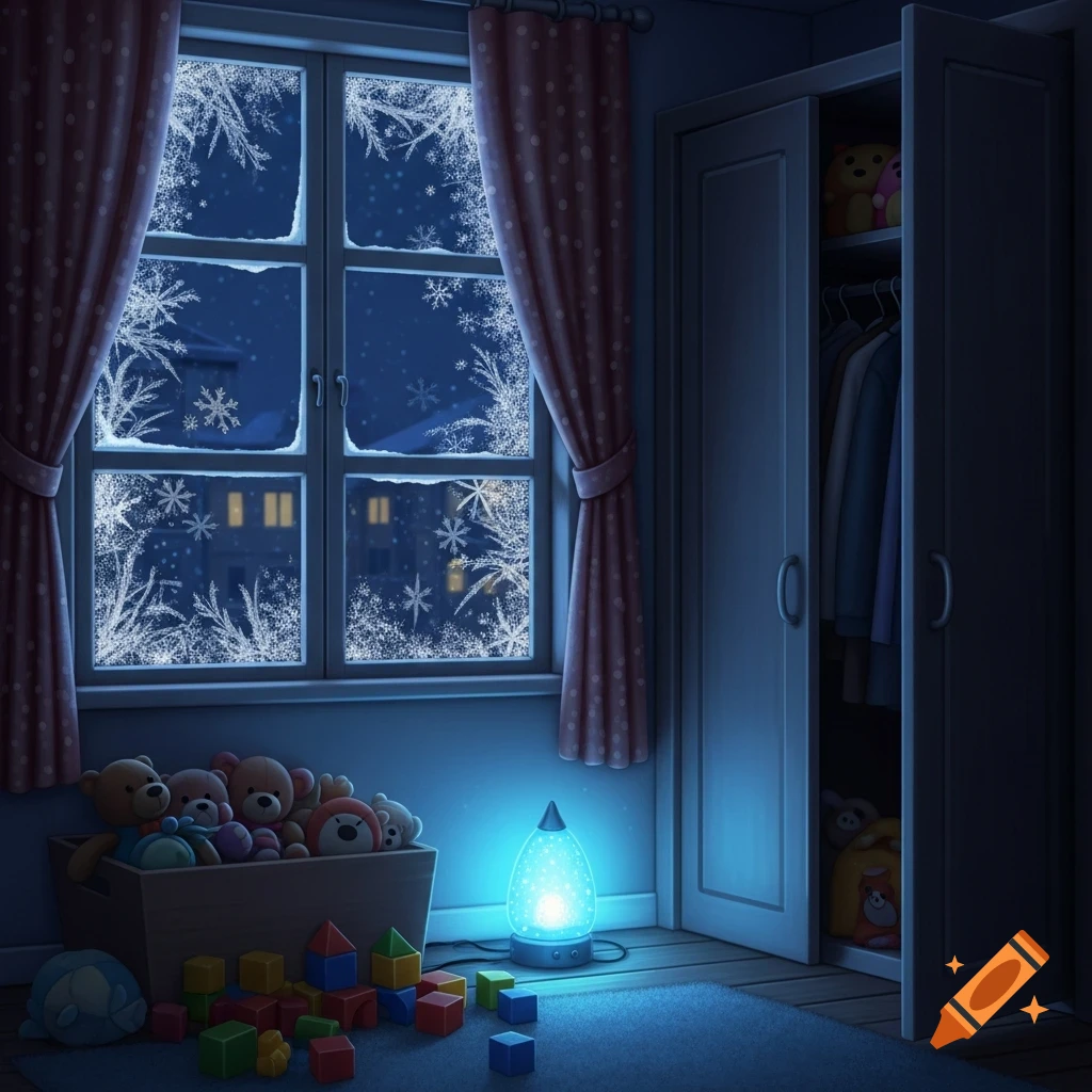 A child's bedroom at night with a snow-covered window, a toy box, a closet, and a glowing blue nightlight.