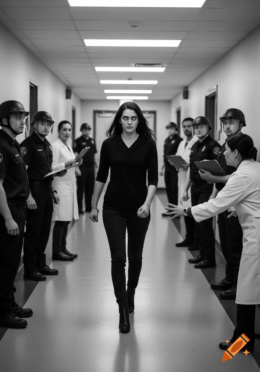 A woman with glowing white eyes and clenched fists walks down a sterile black and white hallway, past security guards and scientists who react with concern and shock.