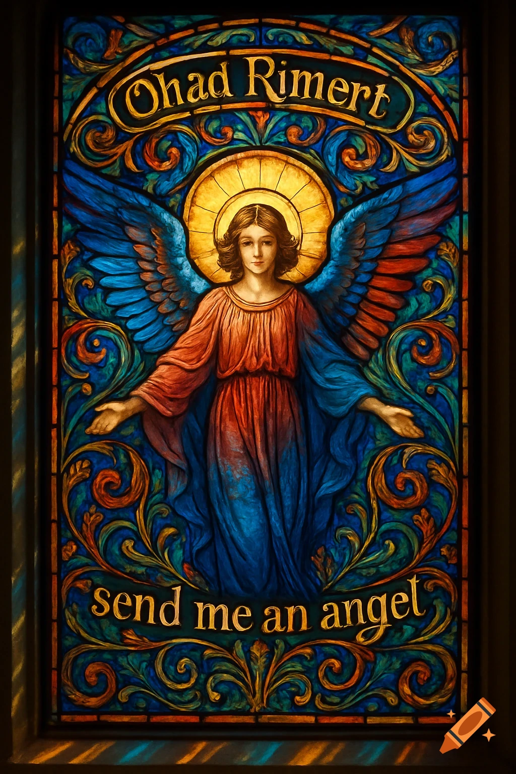 Vibrant stained glass window depicting an angel with blue and red wings, ornate patterns, and text 'Ohad Rimert' and 'send me an angel'.