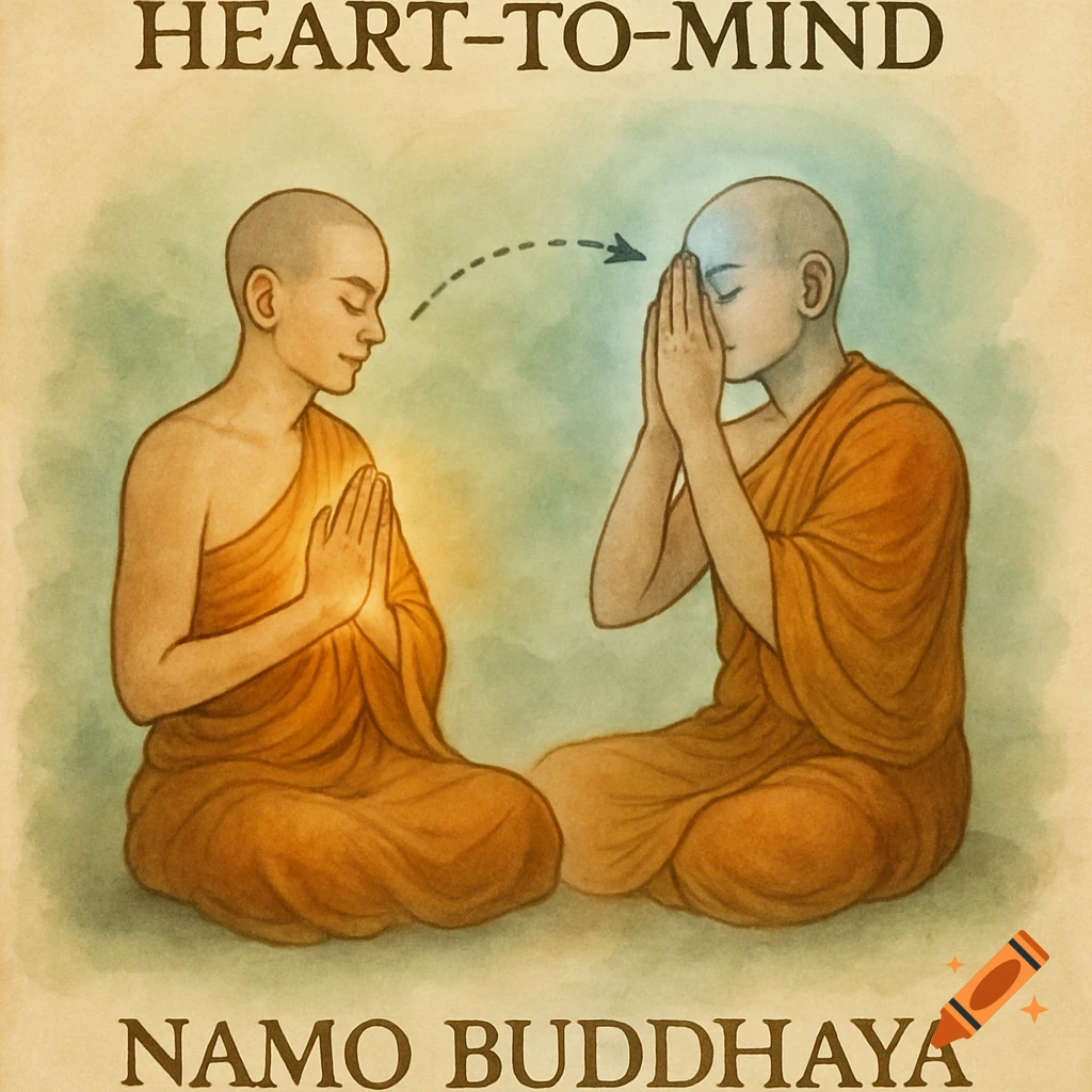 Two monks in orange robes meditate, one with hands at heart, the other at forehead, connected by an arrow. Text: HEART-TO-MIND, NAMO BUDDHAYA.