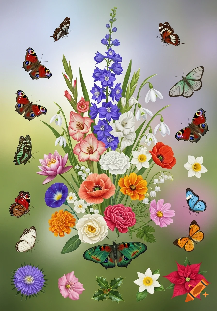 A vibrant digital illustration of a large bouquet-like arrangement of various colorful flowers, surrounded by numerous flying butterflies.