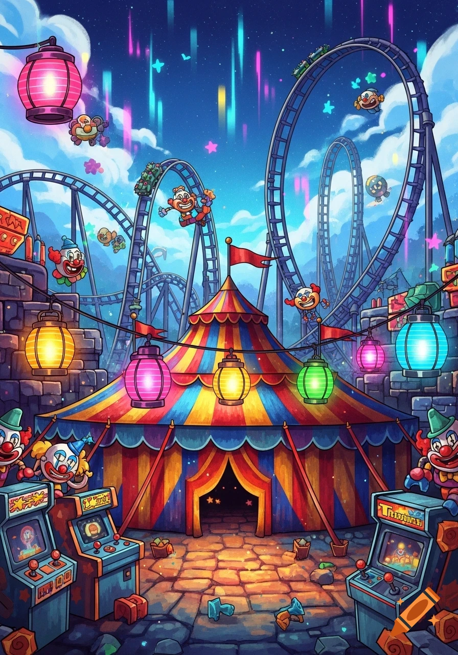 Vibrant cartoon circus at night with a big tent, arcade machines, clowns, and rollercoasters under a starry sky.