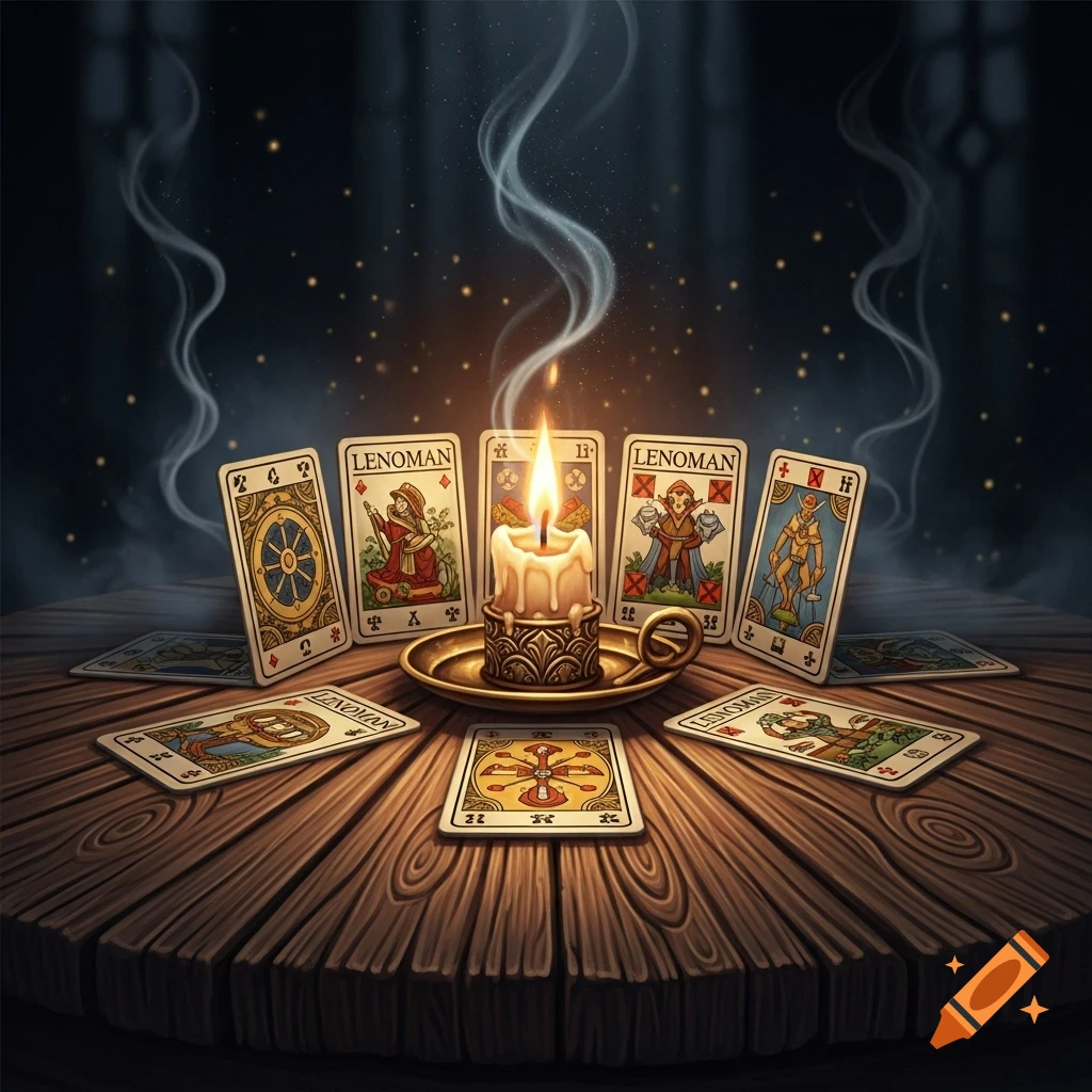 A lit candle in a brass holder surrounded by Lenormand cards on a wooden table with smoke and a starry background.